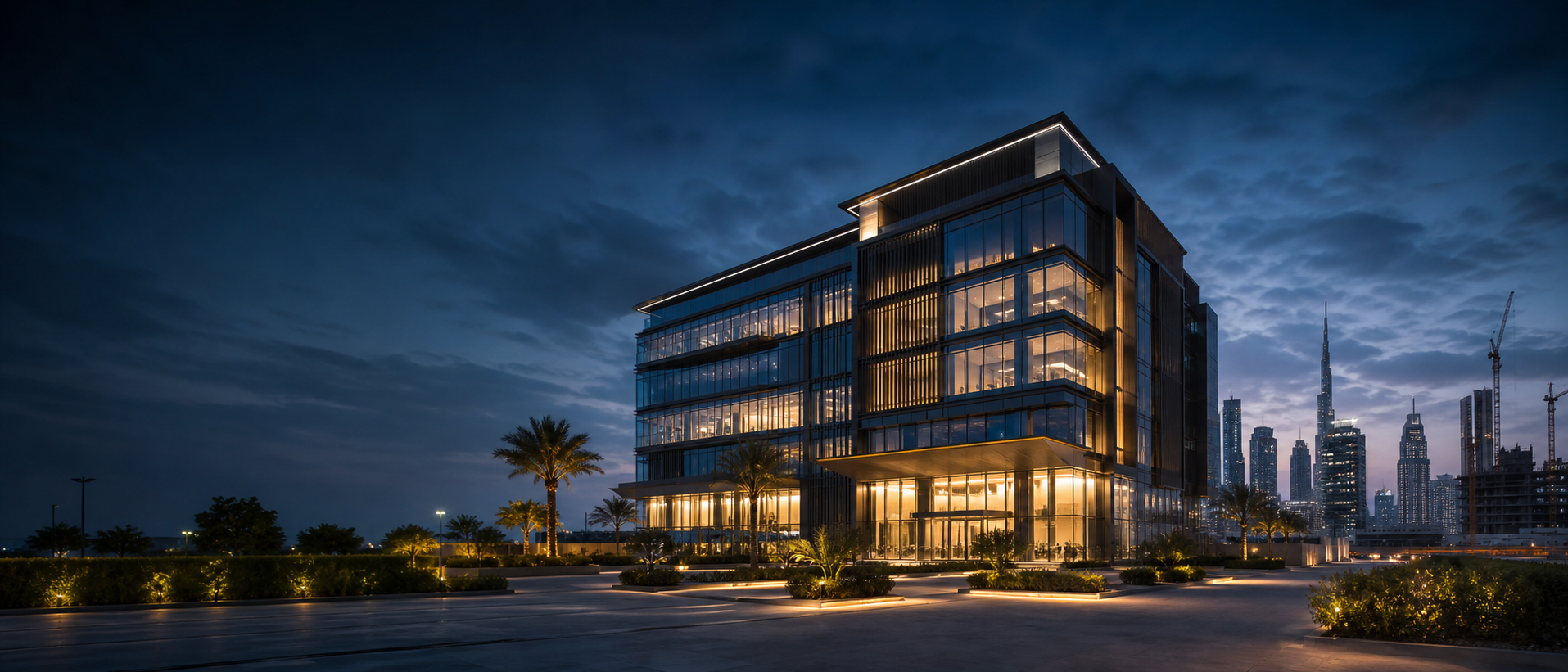 Contemporary commercial architecture in the UAE at night