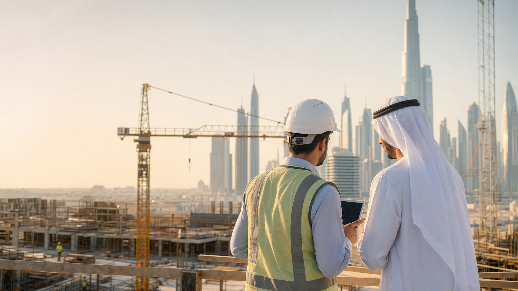 Construction professional and UAE client representative reviewing a project